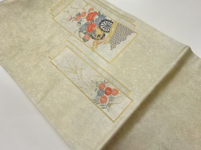 引箔短冊に花車・草花模様織出し名古屋帯